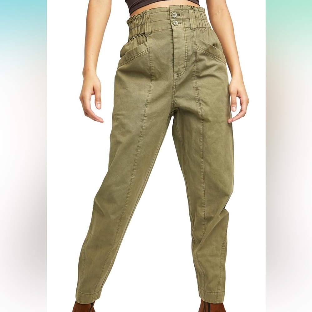 FREE PEOPLE Womens Green Pleated Elastic Waist Cargo Pants